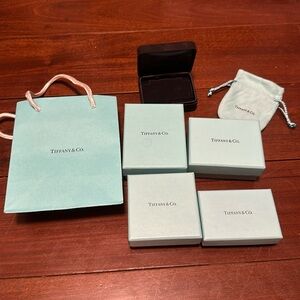 Tiffany&Co assorted blue boxes, small shopping bag, small dust bag, earring box